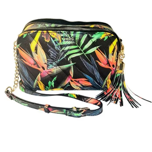 ALDO CROSSBODY HANDBAG TROPICAL BLACK AND FLORAL PURSE NEW - Picture 2 of 7
